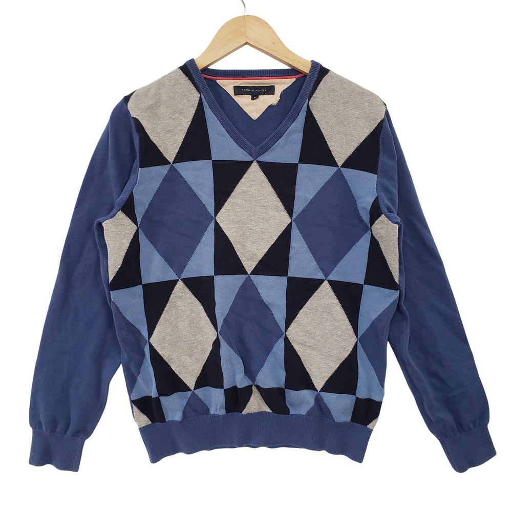 Tommy Hilfiger Mens Argyle V Neck Sweater Blue‎ Size M Preppy Academia Cotton